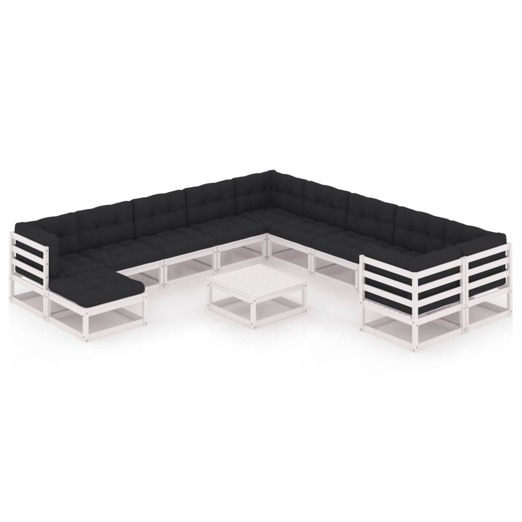 12-tlg. Garten-Lounge-Set mit Kissen Weiss Kiefer Massivholz